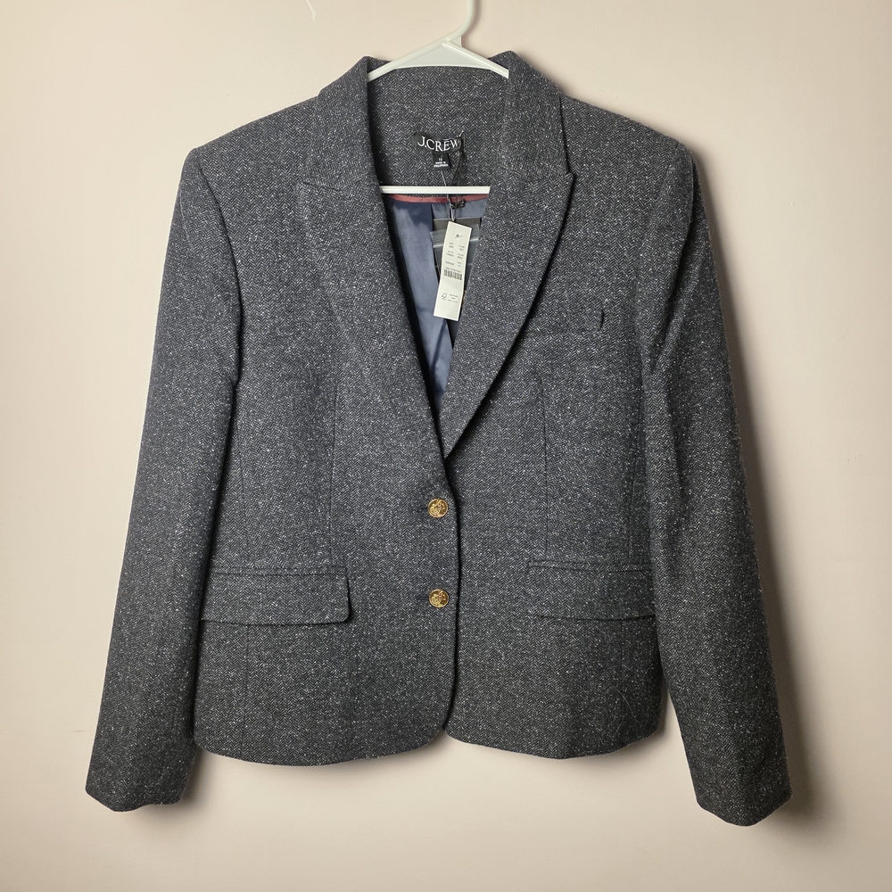 J.Crew Italian Wool Tweed Blazer Mario Bellucci Gray Gold Button Jacket Size 12